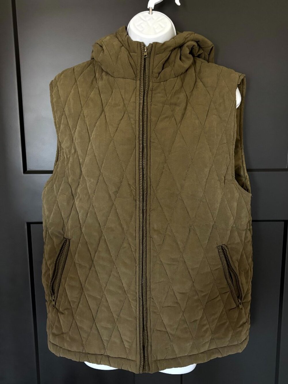 Sleeveless, quilted, zip front, hooded, olive green vest